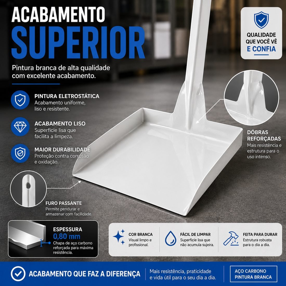 Pá de lixo em aço carbono com cabo longo