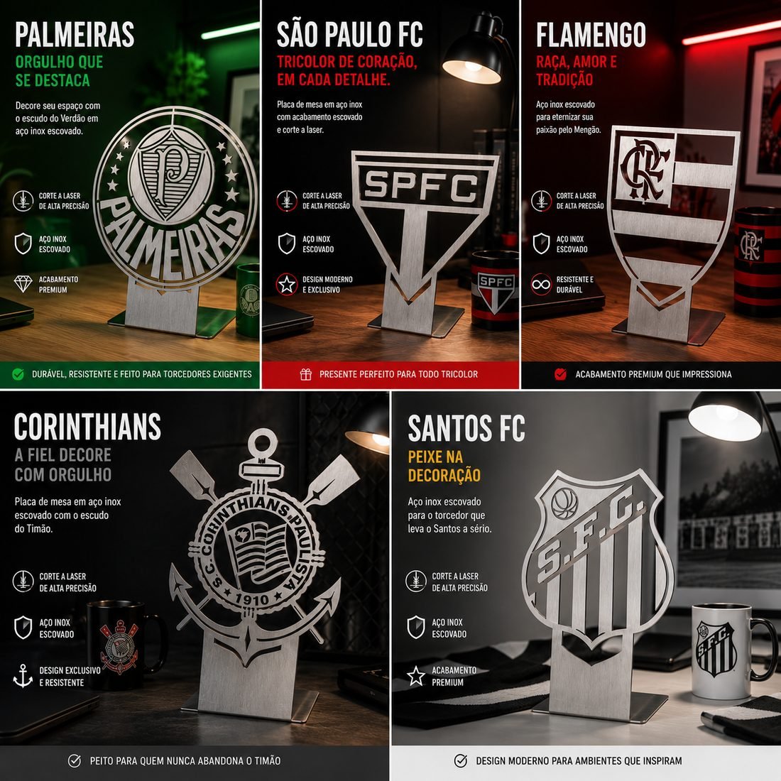 Placas decorativas de times de futebol em aço inox